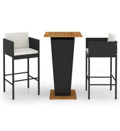 Ensemble de bar de jardin 3 pcs et coussins Résine tressée Noir