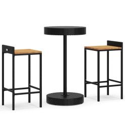 Ensemble de bar jardin 3 pcs noir poly rotin/bois massif acacia