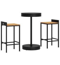 Ensemble de bar jardin 3 pcs noir poly rotin/bois massif acacia