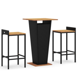 Ensemble de bar jardin 3 pcs noir poly rotin/bois massif acacia
