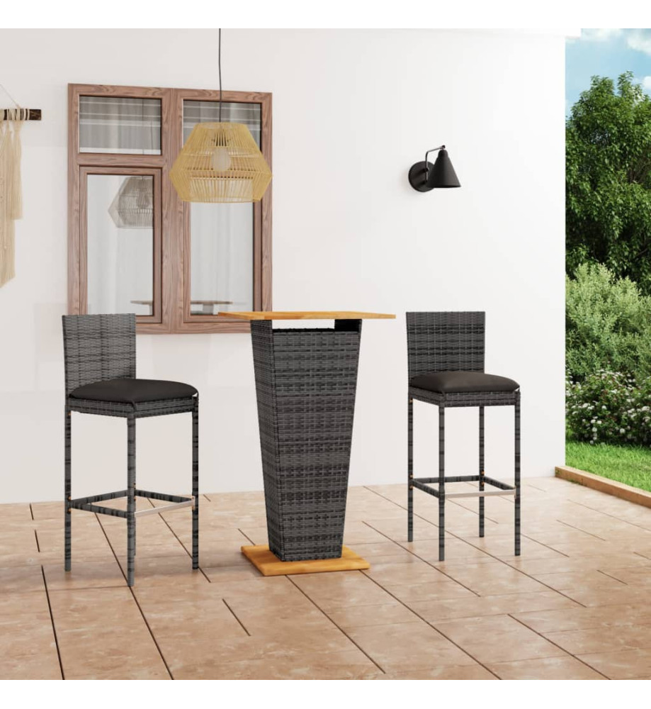 Ensemble de bar de jardin 3 pcs et coussins Résine tressée Gris Ensemble de bar de jardin 3 pcs et coussins Résine tressée Gris