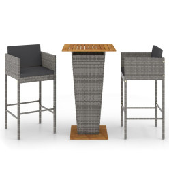 Ensemble de bar de jardin 3 pcs et coussins Résine tressée Gris