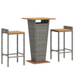 Ensemble de bar jardin 3 pcs gris poly rotin/bois massif acacia