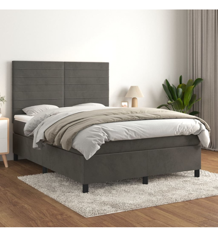 Lit à sommier tapissier et matelas Gris foncé 140x190cm Velours Lit à sommier tapissier et matelas Gris foncé 140x190cm Velours