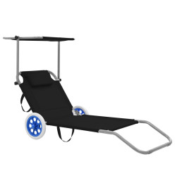 Chaise longue pliable avec auvent et roues Acier Noir