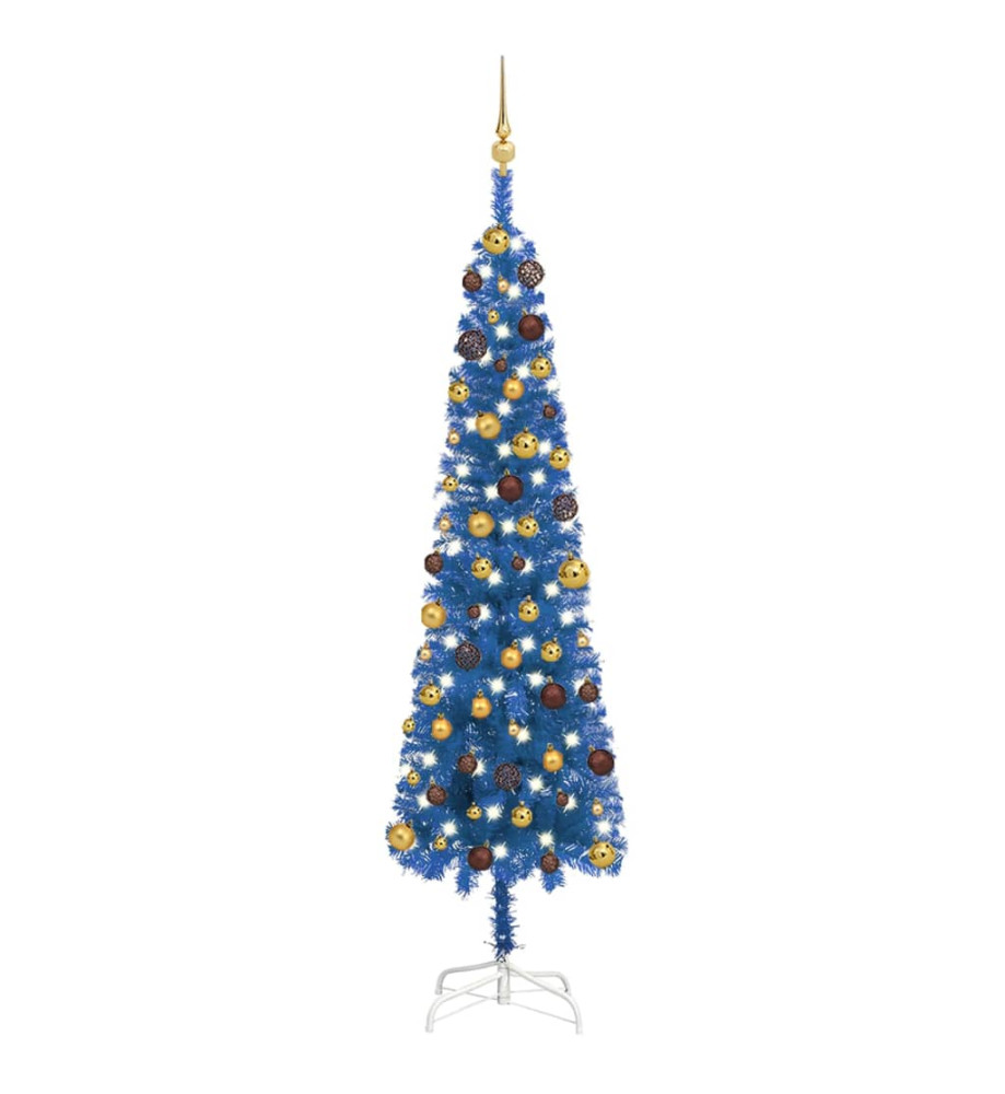 Arbre de Noël mince avec LED et boules Bleu 210 cm