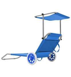 Chaise longue pliable avec auvent et roues Acier Bleu