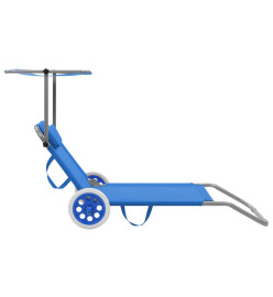 Chaise longue pliable avec auvent et roues Acier Bleu