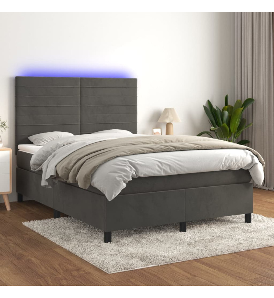 Sommier tapissier matelas et LED Gris foncé 140x200 cm Velours Sommier tapissier matelas et LED Gris foncé 140x200 cm Velours