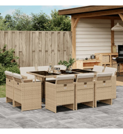 Ensemble à manger de jardin et coussins 11 pcs beige poly rotin