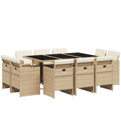 Ensemble à manger de jardin et coussins 11 pcs beige poly rotin