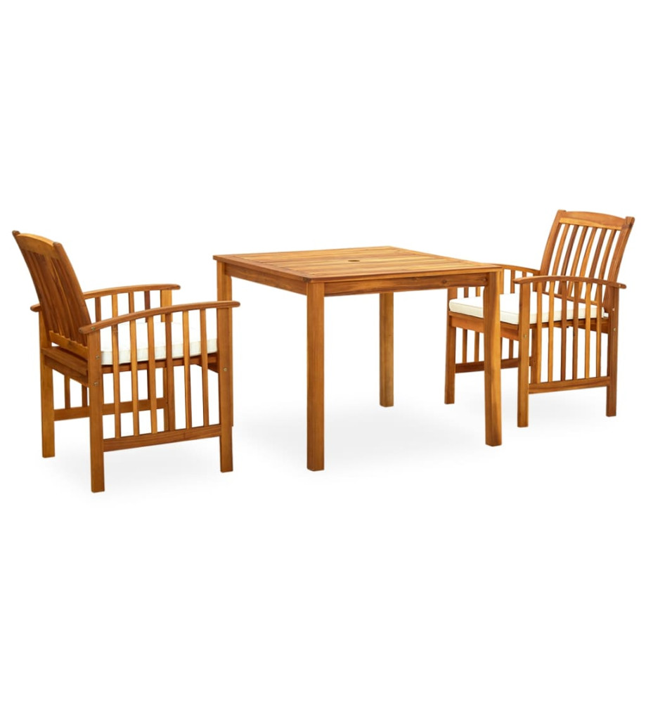 Mobilier à dîner de jardin 3 pcs et coussins Acacia solide