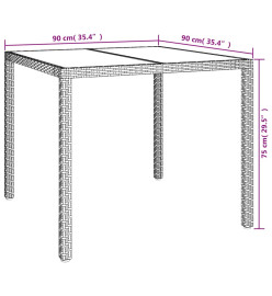 Table de jardin 90x90x75cm Verre trempé et résine tressée Beige