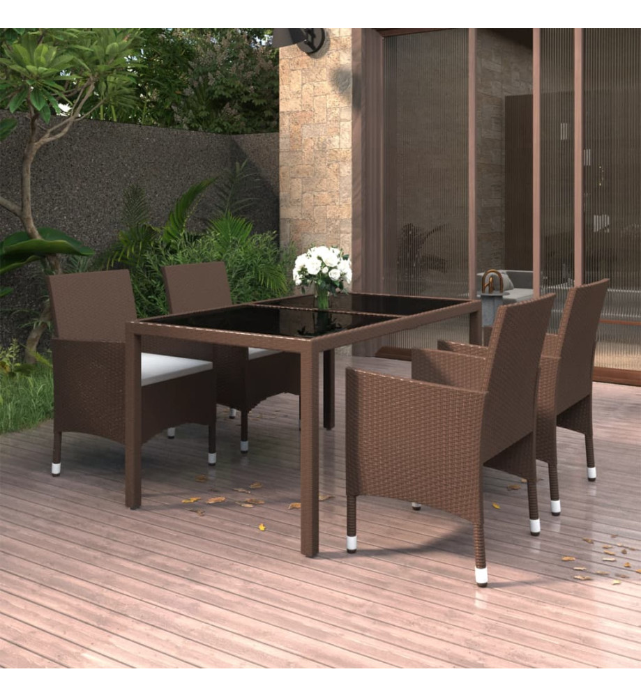 Mobilier à dîner jardin 5pcs Résine tressée verre trempé Marron