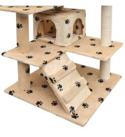 Arbre à chat et griffoir Sisal 125cm Empreintes de pattes Beige