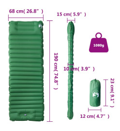 Matelas de camping autogonflant avec oreiller intégré vert