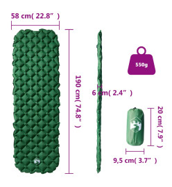 Matelas de camping gonflable vert 190x58x6 cm