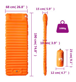 Matelas de camping autogonflant avec oreiller intégré orange