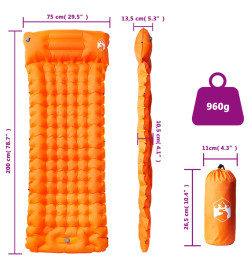 Matelas de camping autogonflant avec oreiller intégré orange