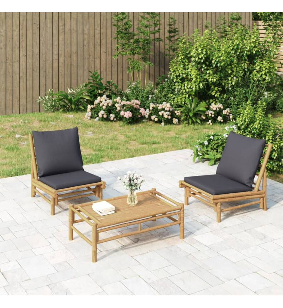 Salon de jardin 3 pcs avec coussins gris foncé bambou