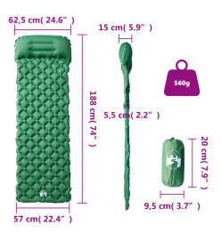 Matelas de camping gonflable avec oreiller intégré vert