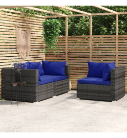 Salon de jardin 3 pcs avec coussins Gris Résine tressée