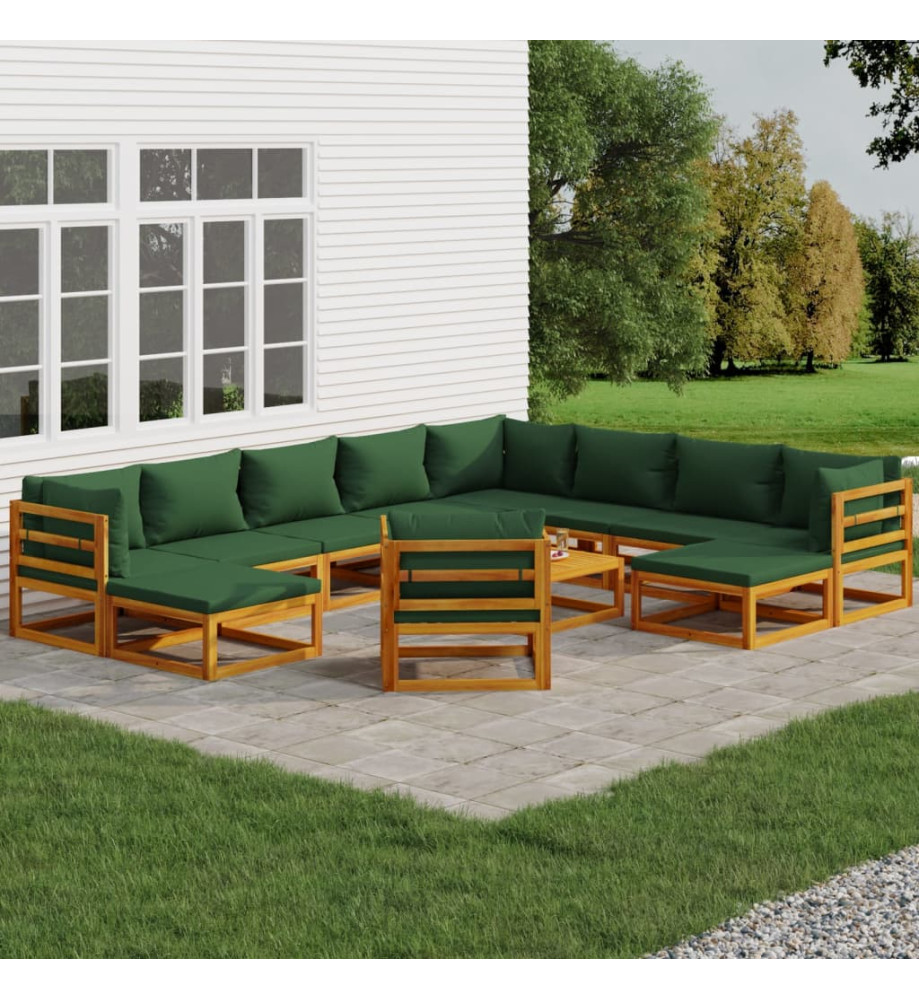 Salon de jardin 12 pcs avec coussins vert bois massif