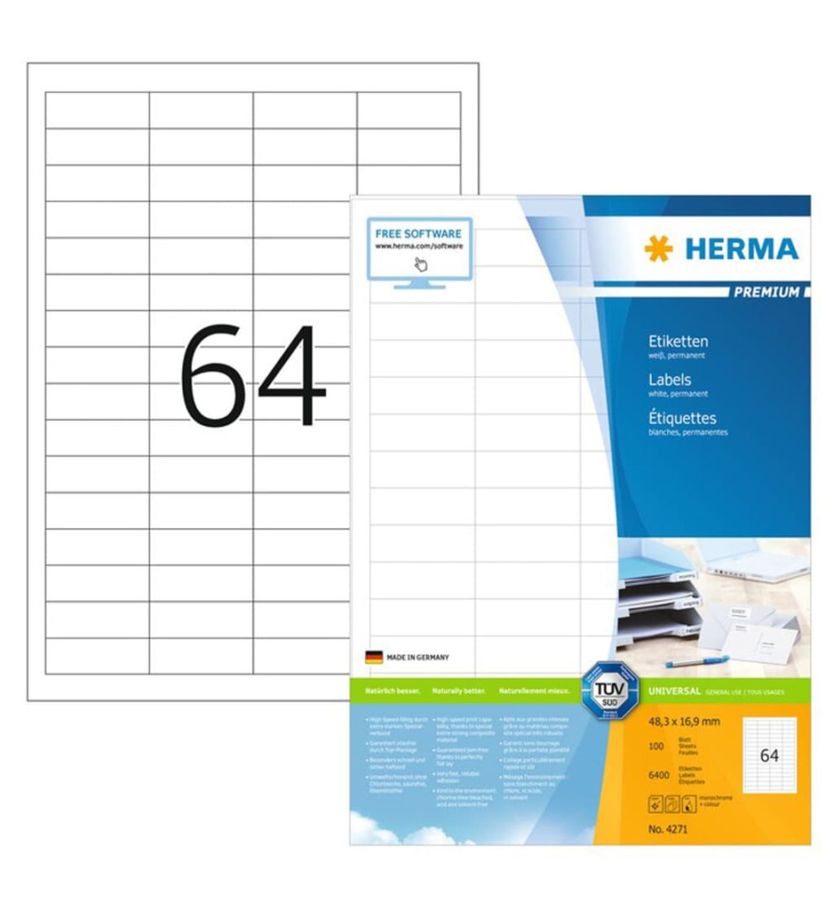 HERMA Étiquettes permanentes PREMIUM A4 48,3x16,9 mm 100 Feuilles