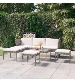 Salon de jardin 6 pcs avec coussins Résine tressée Gris