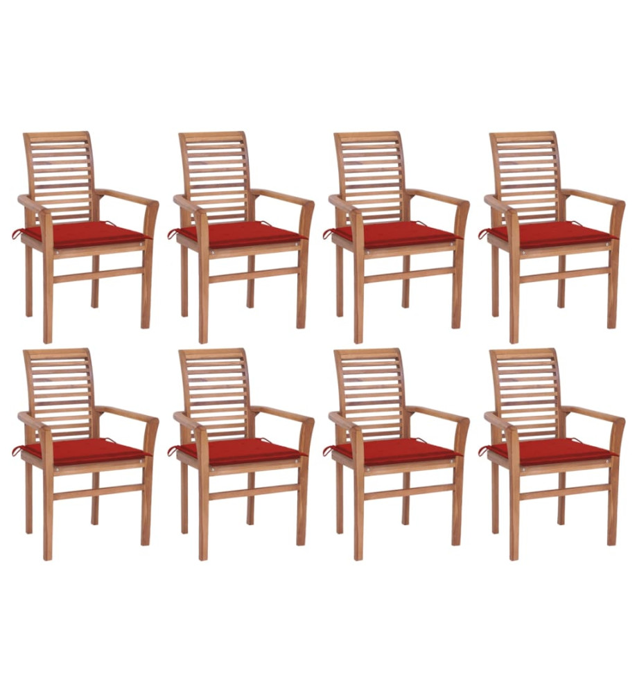 Chaises à dîner 8 pcs avec coussins rouge Bois de teck solide