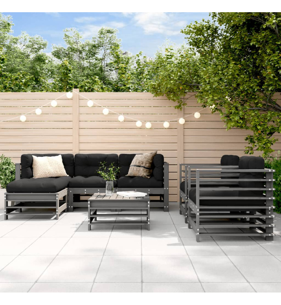 Salon de jardin 7 pcs avec coussins gris bois massif