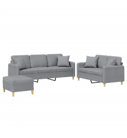 Ensemble de canapés 3 pcs coussins gris clair tissu