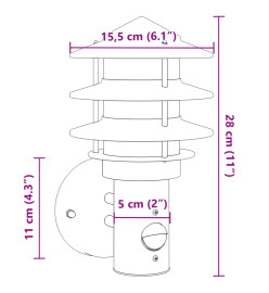 Applique murale d'extérieur avec capteur noir acier inoxydable