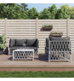 Salon de jardin avec coussins 5 pcs blanc acier