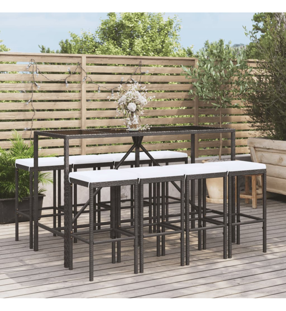 Ensemble de bar de jardin 9 pcs avec coussins noir poly rotin