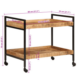 Chariot de cuisine 80x55x70 cm bois de manguier brut massif