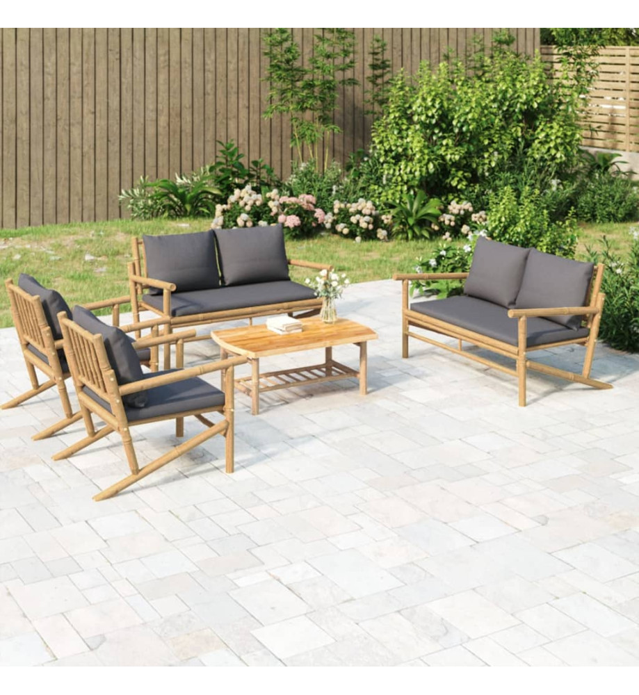 Salon de jardin 5 pcs avec coussins gris foncé bambou