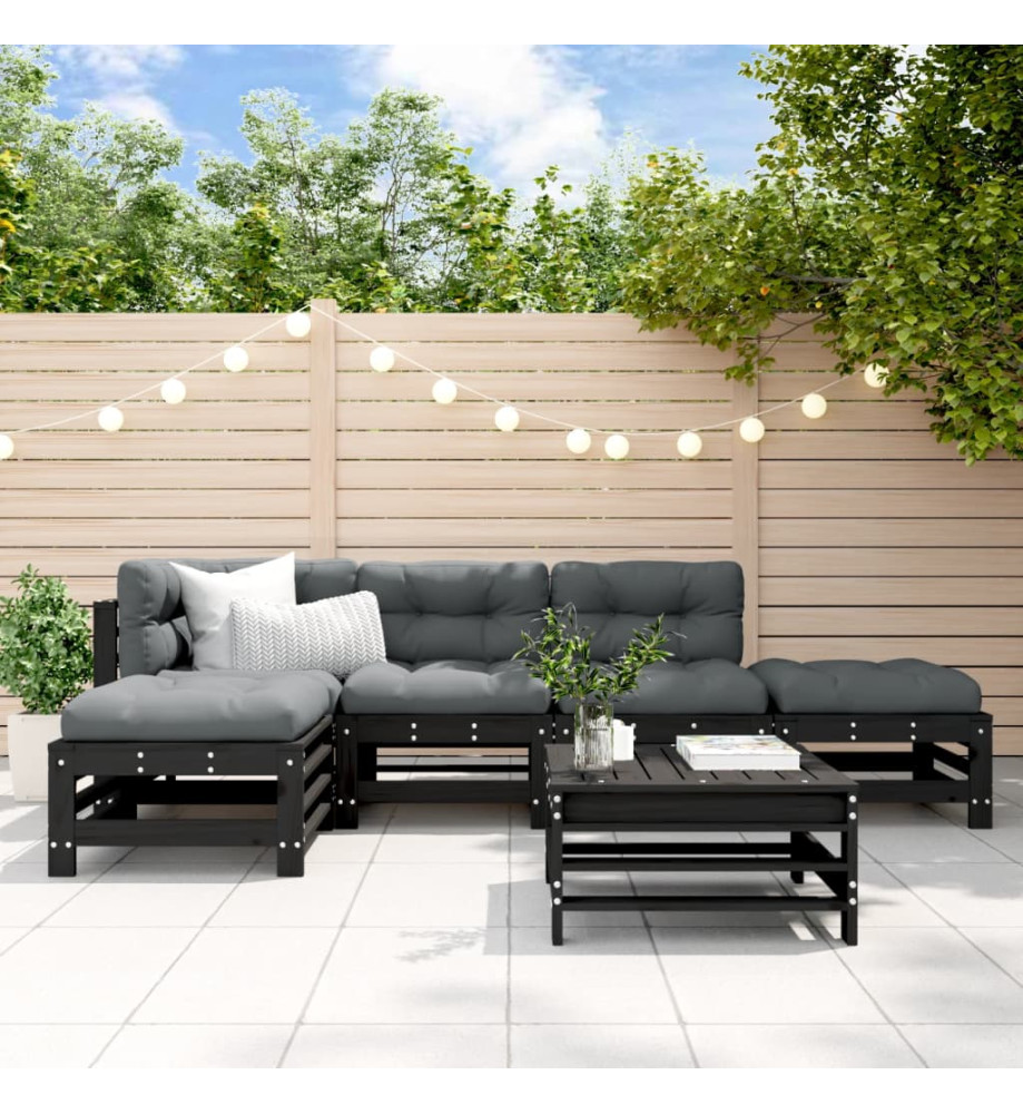 Salon de jardin 6 pcs avec coussins noir bois massif