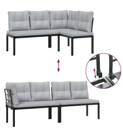 Salon de jardin avec coussins 7 pcs noir acier enduit de poudre