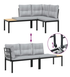 Salon de jardin avec coussins 4 pcs noir acier enduit de poudre