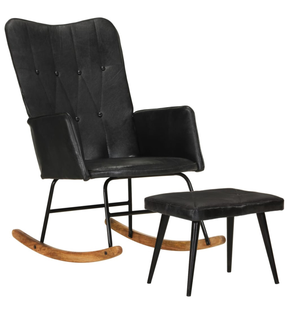 Chaise à bascule avec repose-pied Noir Cuir véritable