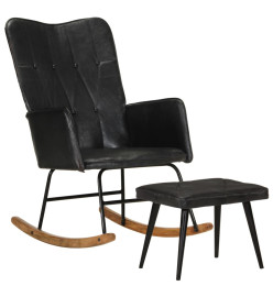 Chaise à bascule avec repose-pied Noir Cuir véritable