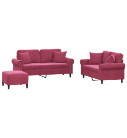 Ensemble de canapés 3 pcs avec coussins rouge bordeaux velours