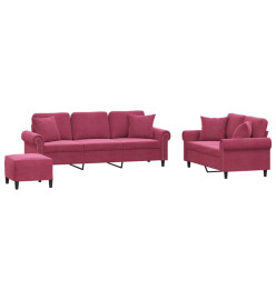 Ensemble de canapés 3 pcs avec coussins rouge bordeaux velours