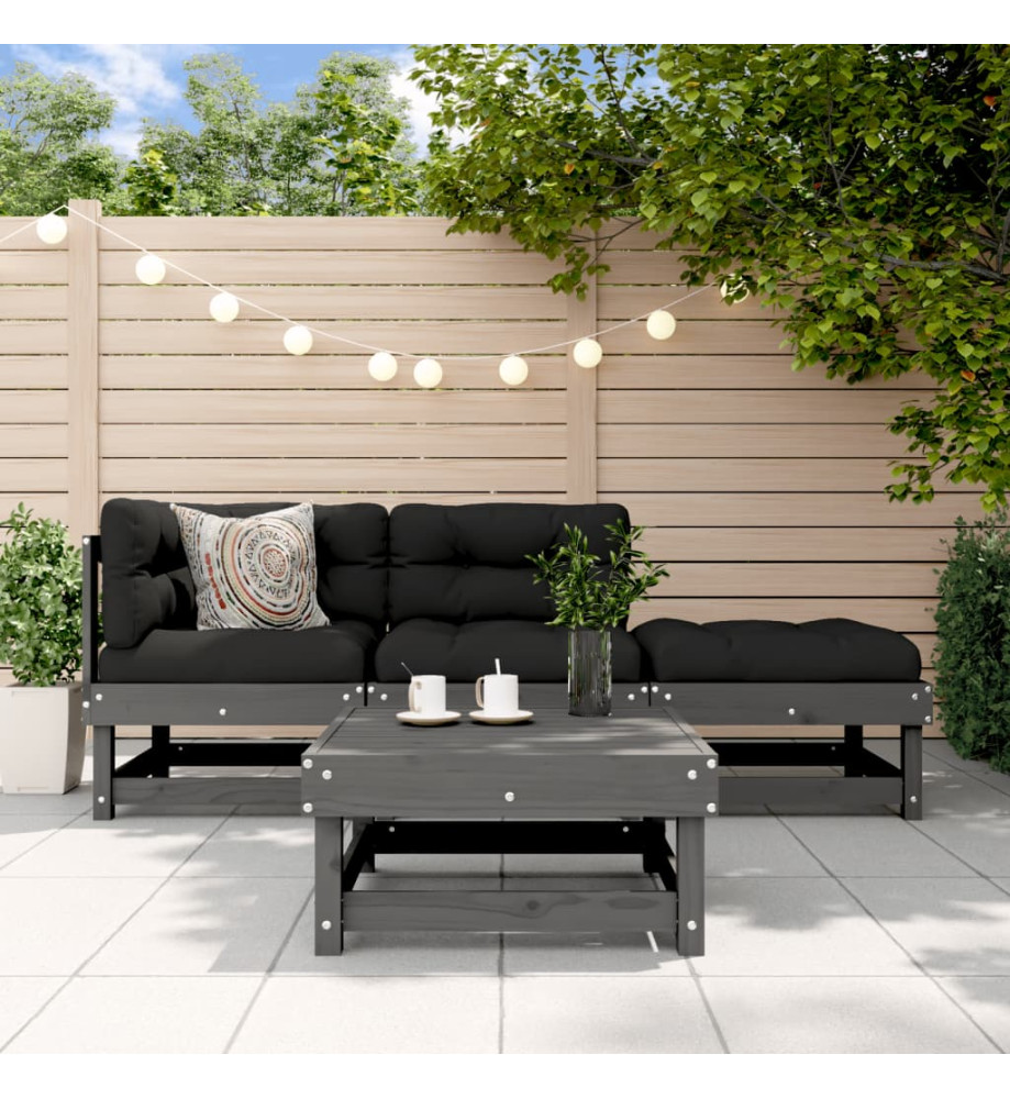 Salon de jardin 4 pcs avec coussins gris bois massif