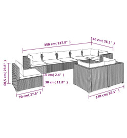 Salon de jardin 9 pcs avec coussins Résine tressée Gris