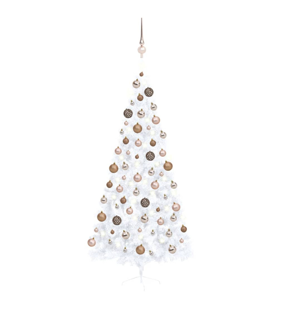 Demi-arbre de Noël artificiel avec LED et boules Blanc 210 cm