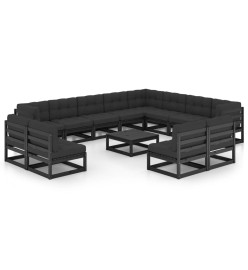 Salon de jardin 14 pcs avec coussins Noir Bois de pin massif