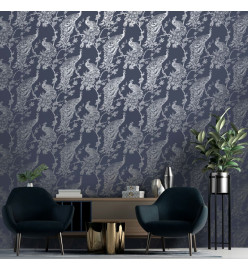 DUTCH WALLCOVERINGS Papier peint Paon Bleu marine et argenté