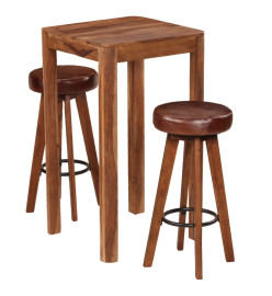 Ensemble de bar 3 pcs Bois de Sesham massif et cuir véritable